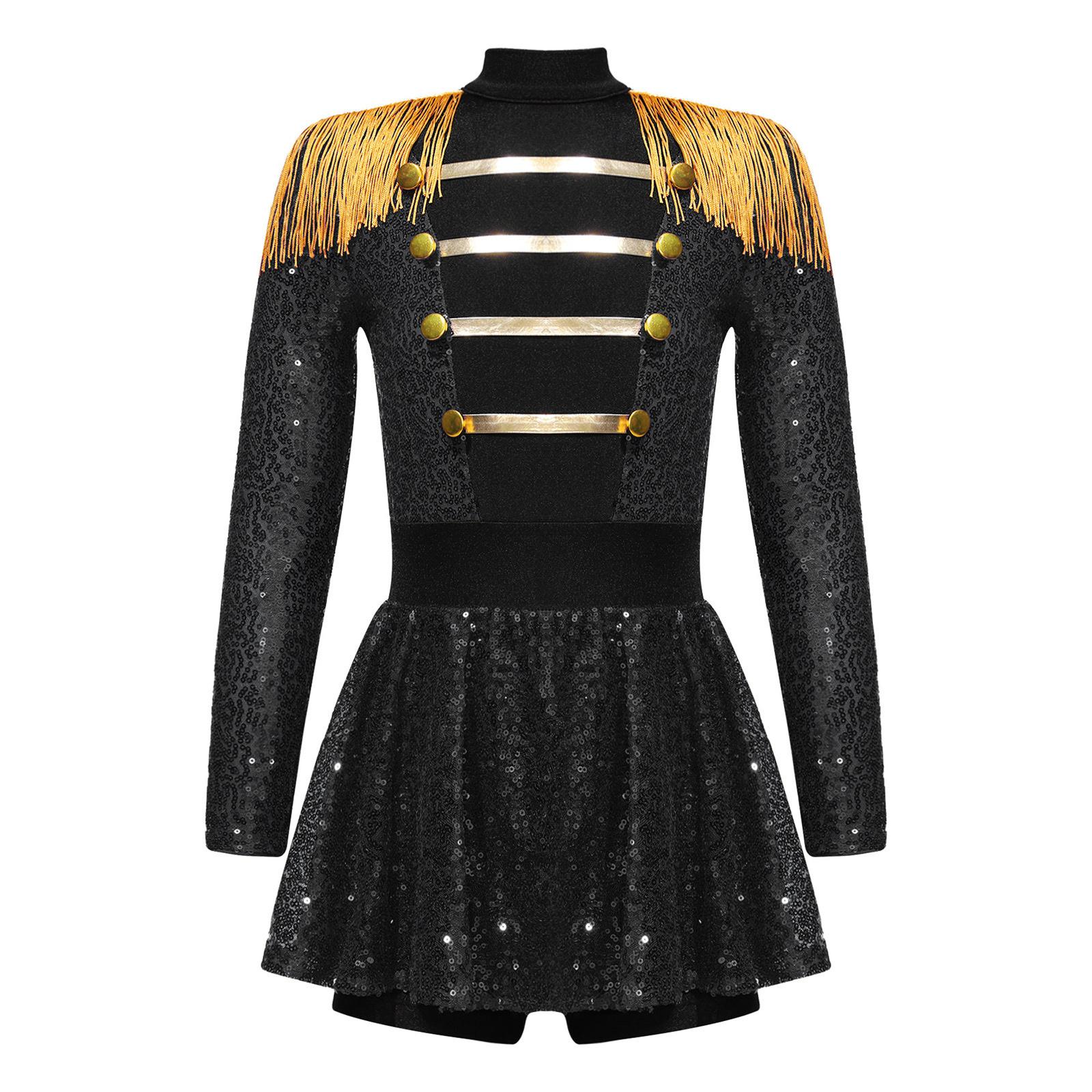 Mädchen Zirkusdirektorin Kostüm Langarm Quaste Epaulette Glänzende Pailletten Kleid Jumpsuit Halloween Tanzaufführung 13-14 Years schwarz von Joom DACH