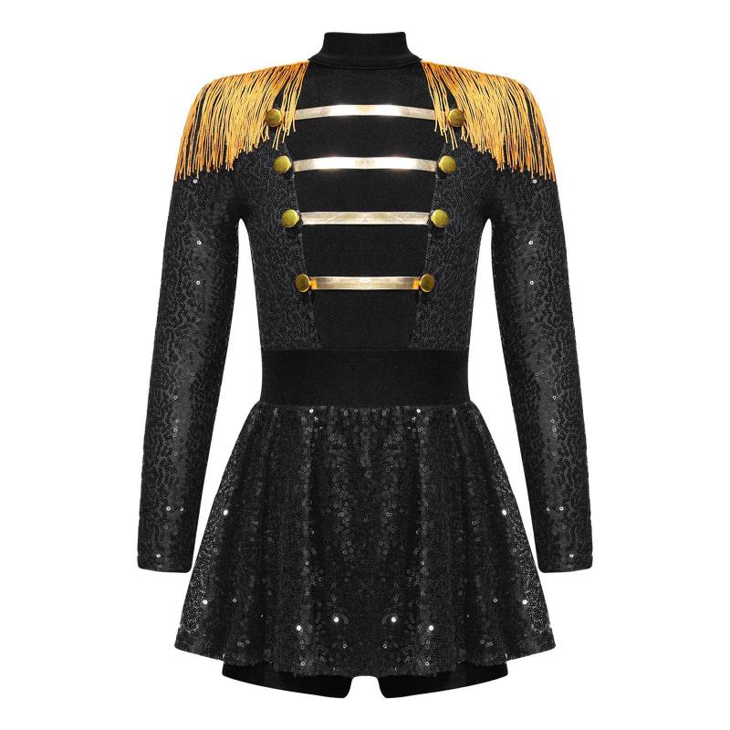 Mädchen Zirkusdirektorin Kostüm Langarm Quaste Epaulette Glänzende Pailletten Kleid Jumpsuit Halloween Tanzaufführung 13-14 Years schwarz von Joom DACH