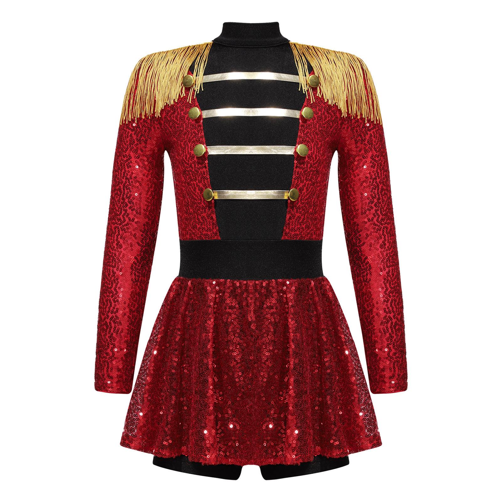 Mädchen Zirkusdirektorin Kostüm Langarm Quaste Epaulette Glänzende Pailletten Kleid Jumpsuit Halloween Tanzaufführung 11-12 Years rot von Joom DACH