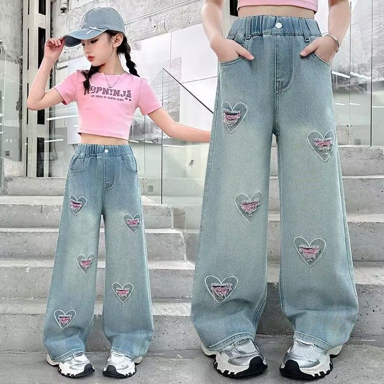 Mädchen jeans Frühling und Herbst kinder hosen frauen modische breite gerade bein breite bein hosen 170 von Joom DACH