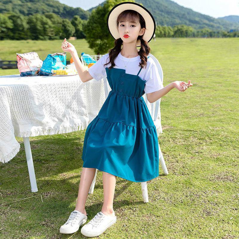 Mädchenkleider Sommermode Koreanische Version des Kinder-Freizeitrocks Sanftes Mädchen-langes Kleid 140 blau von Joom DACH