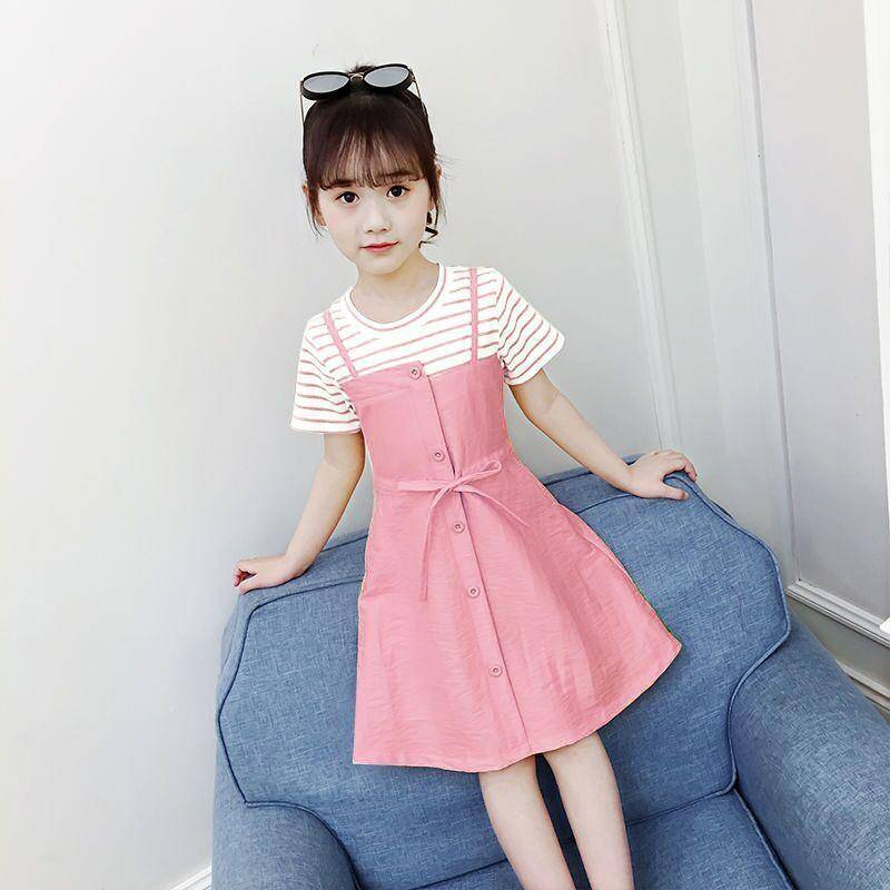 Mädchenkleider Sommermode Mädchen Mittellange Prinzessinnenkleider Kinderkleidung Gefälschte zweiteilige Kleider 160 rosa von Joom DACH