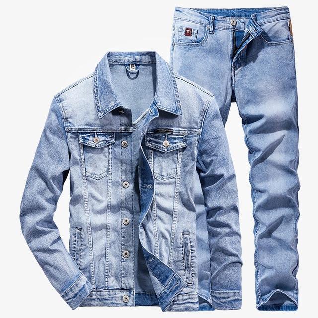 Männer 2 Stück Sets Neue Einfache Frühling Herbst Rauchgrau Langarm Denim Jacke + Jeans Mode Schlank Paar Denim anzug Ropa Hombre L von Joom DACH