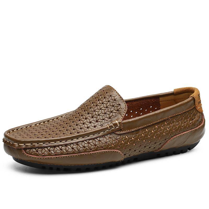 Männer Casual Schuhe Luxus Marke Sommer Echtem Leder Herren Loafer Mokassins Aushöhlen Atmungsaktive Slip on Driving Schuhe 46 khaki von Joom DACH