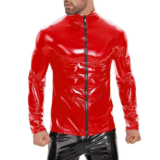 Männer Faux Leder Jacke Glatte Glänzend Einfarbig Stehkragen Reißverschluss 3XL rot von Joom DACH