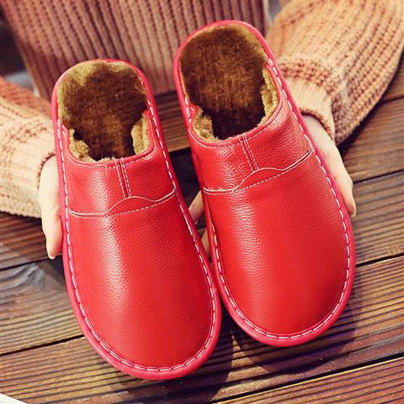 Männer Frauen Herbst und Winter Paar Leder Wasserdichte Baumwolle Hausschuhe Indoor Warm Non-slip Dicken sohlen Plüsch Schuhe 39-40 rot von Joom DACH
