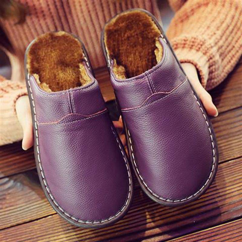 Männer Frauen Herbst und Winter Paar Leder Wasserdichte Baumwolle Hausschuhe Indoor Warm Non-slip Dicken sohlen Plüsch Schuhe 39-40 violett von Joom DACH