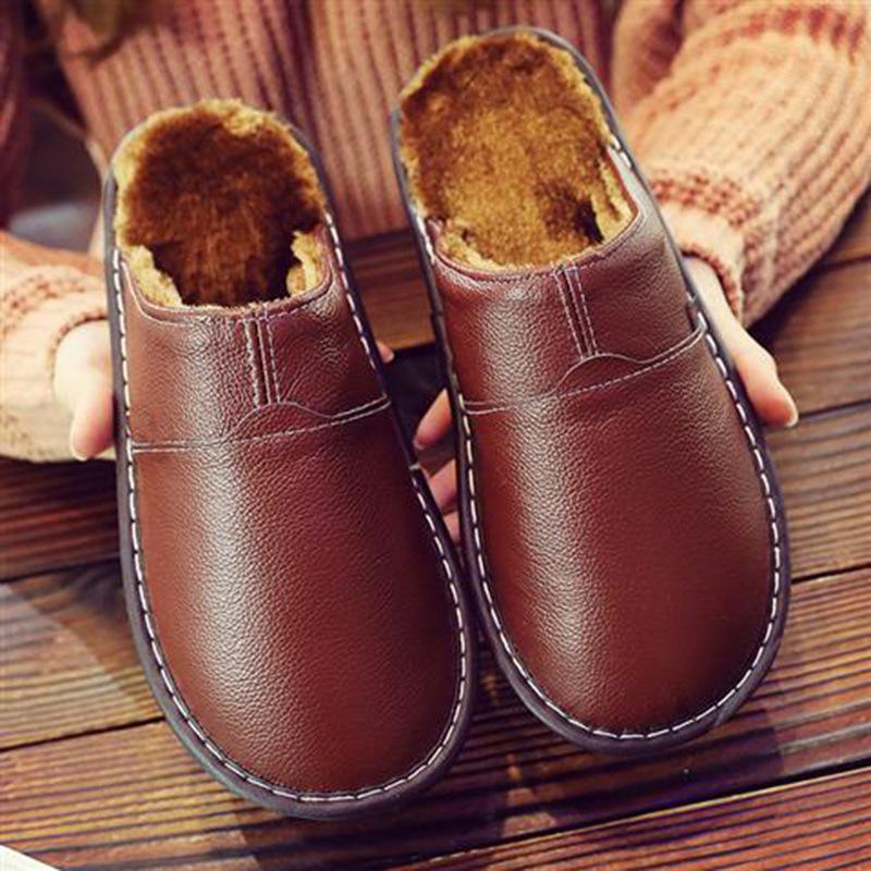 Männer Frauen Herbst und Winter Paar Leder Wasserdichte Baumwolle Hausschuhe Indoor Warm Non-slip Dicken sohlen Plüsch Schuhe 45-46 dunkelbraune von Joom DACH