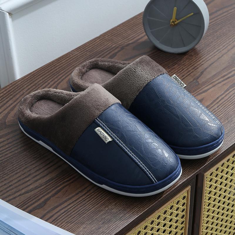 Männer Frauen Wasserdichte PU Leder Winter Warme Plüsch Hause Schuhe Hausschuhe Indoor Anti-Skid 44-45 dunkelblaue von Joom DACH