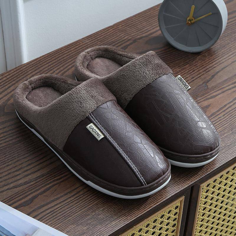 Männer Frauen Wasserdichte PU Leder Winter Warme Plüsch Hause Schuhe Hausschuhe Indoor Anti-Skid 44-45 kaffeebraun von Joom DACH