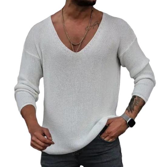 Männer Frühling Herbst V-ausschnitt Langarm Pullover Lose Fit Einfarbig Bodenbildung Pullover Tops Einfache Casual Stricken T Tops L weiß von Joom DACH