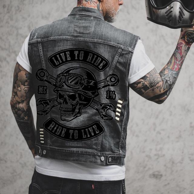 Männer Frühling Und Herbst Neue Straße Ärmellose Weste Motorrad Persönlichkeit Schädel Druck Muster Punk Wind Loch Denim Weste Jacke XL schwarz von Joom DACH