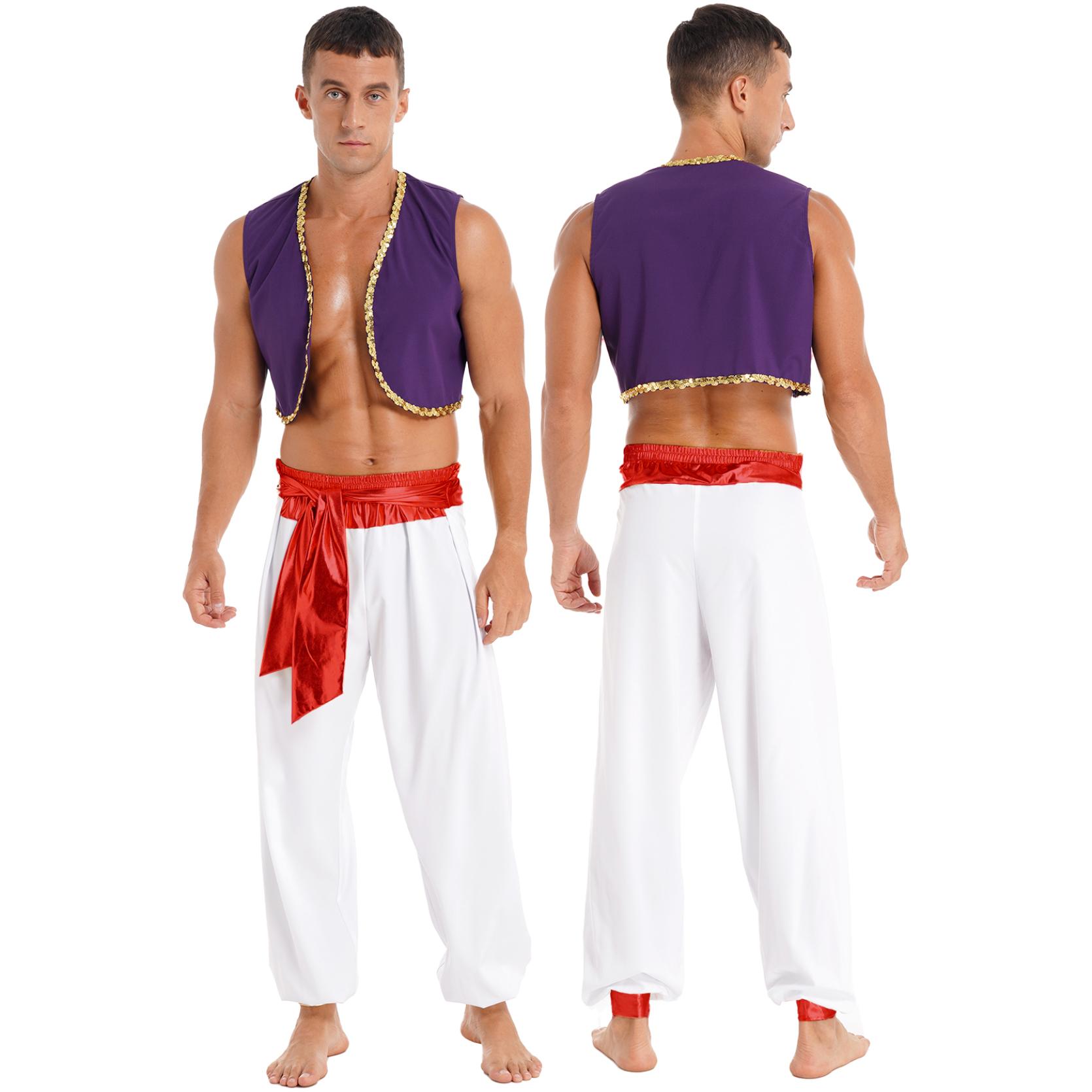 Männer Halloween Arabischer Prinz Kleidung Weste Tops mit Gürtel Pumphose Hosen Kostüm Ball Outfits L rot von Joom DACH