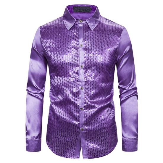 Männer Hemd Club Dance Hemd Glänzende Pailletten Revers Einreiher Slim Fit Bunte Streifen Glänzend Langarm Performance Männer top M violett von Joom DACH