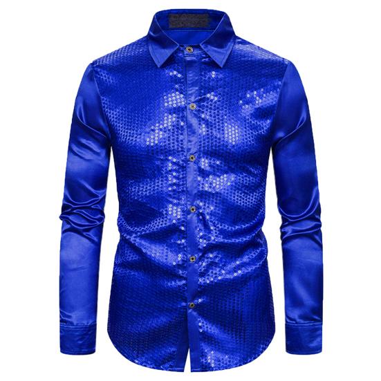 Männer Hemd Club Dance Hemd Glänzende Pailletten Revers Einreiher Slim Fit Bunte Streifen Glänzend Langarm Performance Männer top M blau von Joom DACH