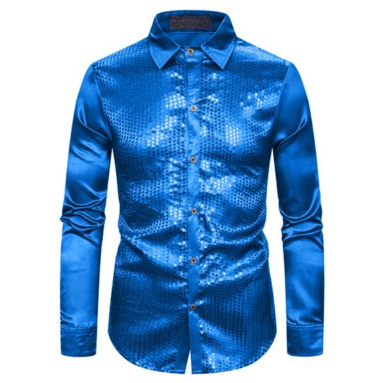 Männer Hemd Club Dance Hemd Glänzende Pailletten Revers Einreiher Slim Fit Bunte Streifen Glänzend Langarm Performance Männer top XL blau von Joom DACH