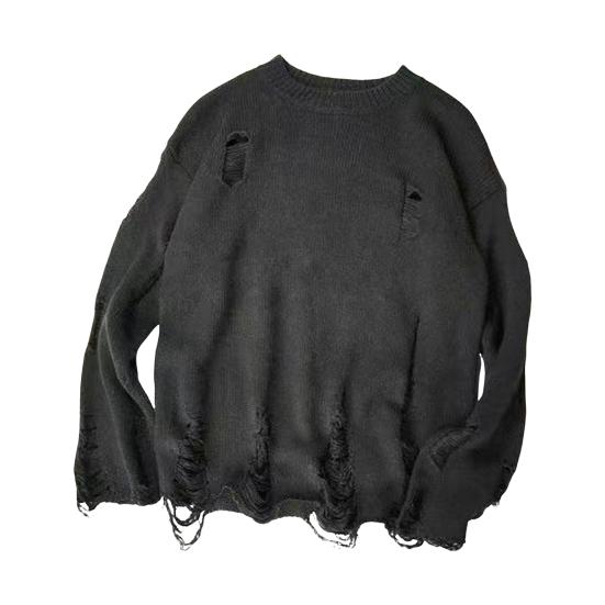 Männer Herbst Winter Pullover Ripped Loch Einfarbig Rundhals Gestrickte Retro L schwarz von Joom DACH