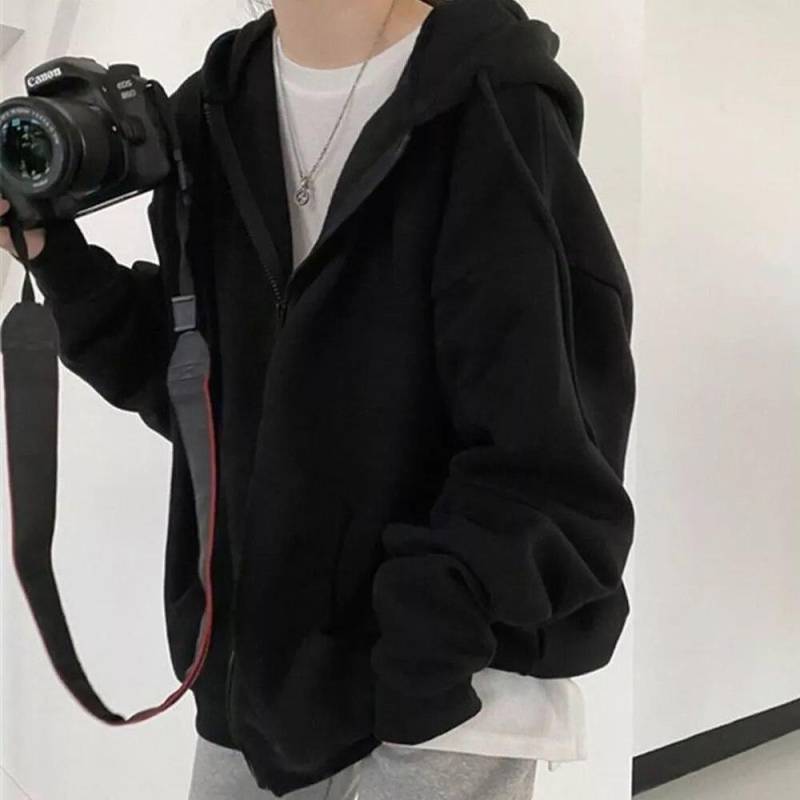 Männer Hoodies Mantel Zip Up Harajuku Hoodie Langarm Frühling Herbst Lose Beiläufige Übergroße Sweatshirts Jacke mit Tasche US L schwarz von Joom DACH