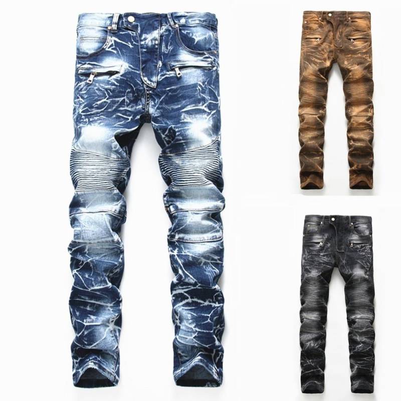 Männer Hosen Plus Größe Plissee Multi-tasche Motorrad Patchwork Jean Casual Männer Elastische Denim Hosen 42 blau von Joom DACH