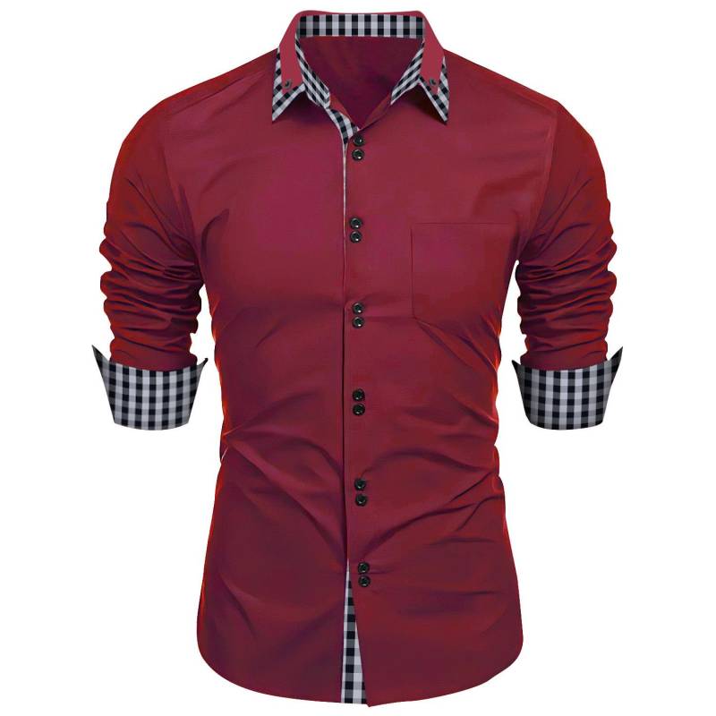 Männer Kleidung Frühling Herbst Langarm Hemd Mann Revers Top Mode Plaid Patchwork Business Slim Fit Casual Shirts M bordeaux von Joom DACH