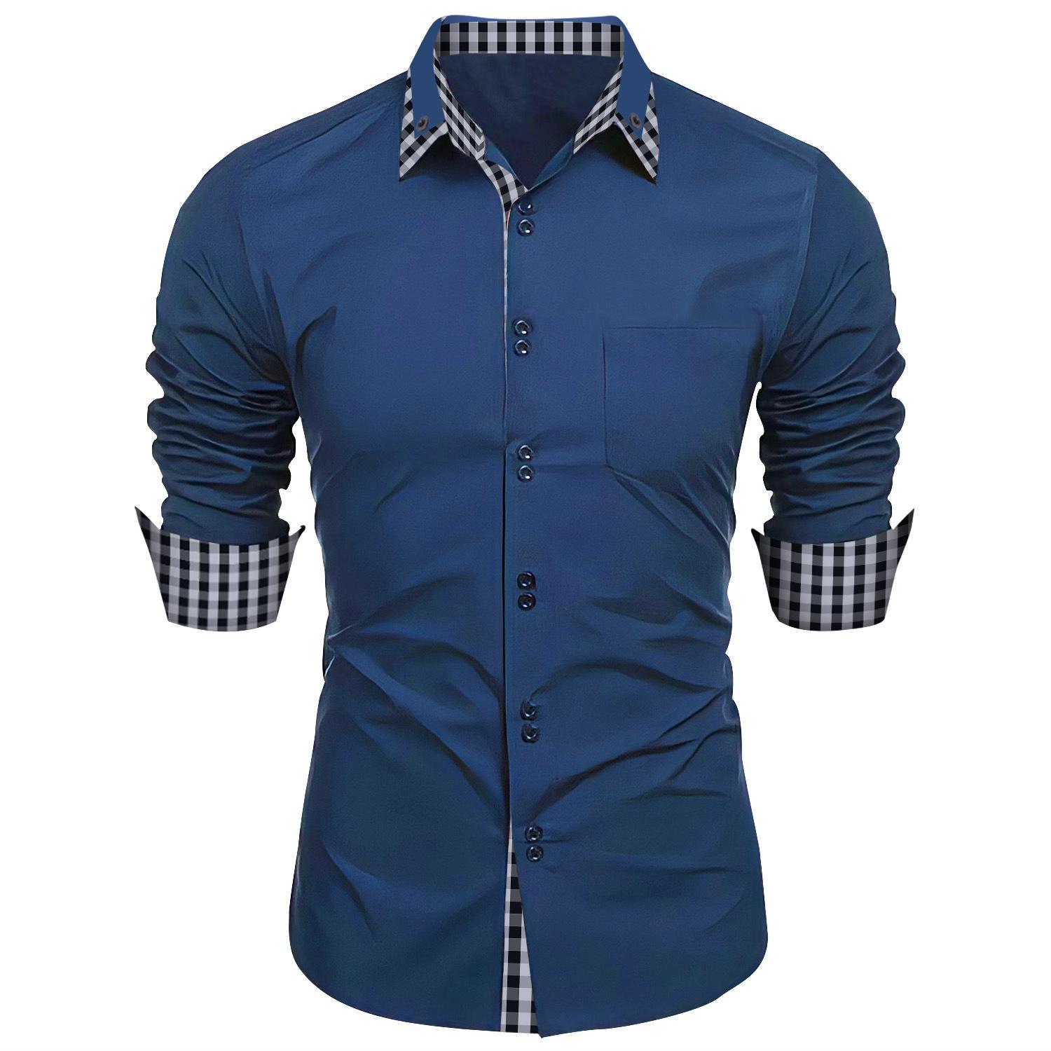 Männer Kleidung Frühling Herbst Langarm Hemd Mann Revers Top Mode Plaid Patchwork Business Slim Fit Casual Shirts M navy blau von Joom DACH