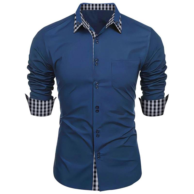 Männer Kleidung Frühling Herbst Langarm Hemd Mann Revers Top Mode Plaid Patchwork Business Slim Fit Casual Shirts M navy blau von Joom DACH