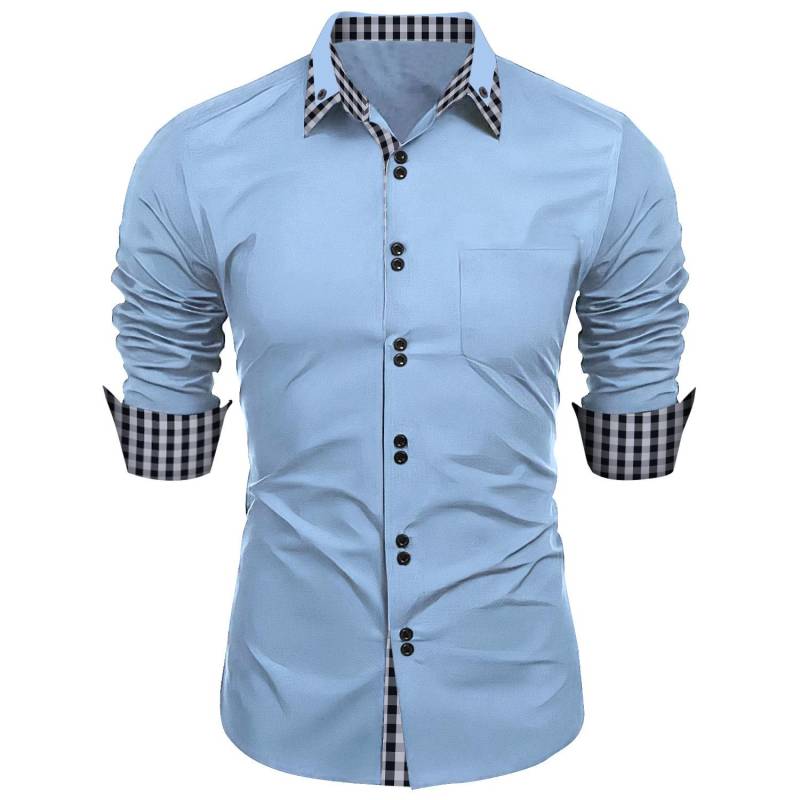 Männer Kleidung Frühling Herbst Langarm Hemd Mann Revers Top Mode Plaid Patchwork Business Slim Fit Casual Shirts S hellblaue von Joom DACH