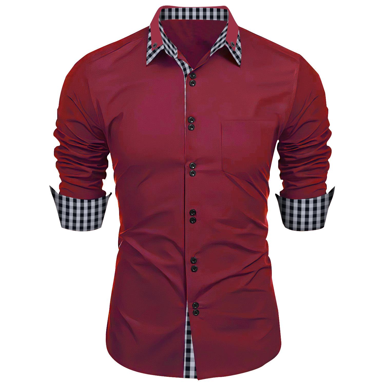 Männer Kleidung Frühling Herbst Langarm Hemd Mann Revers Top Mode Plaid Patchwork Business Slim Fit Casual Shirts XL bordeaux von Joom DACH