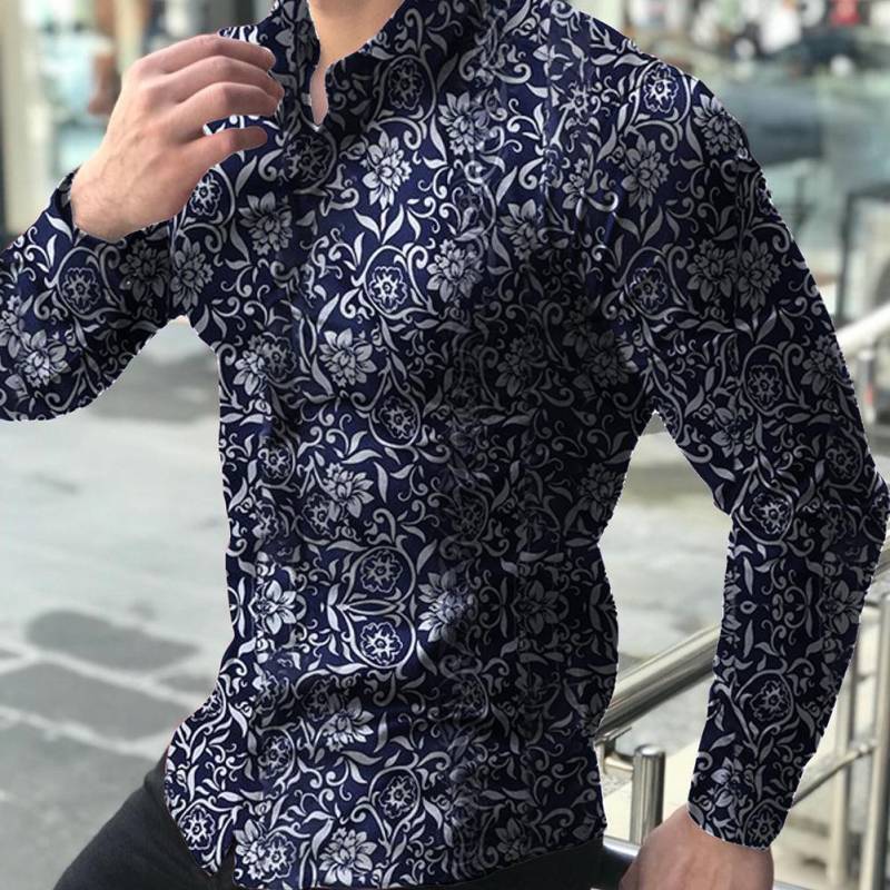 Männer Langarm-shirt Floral Männliche Bluse Casual Shirts Sommer Herbst Shirts Männer Top Kleidung XL navy blau von Joom DACH