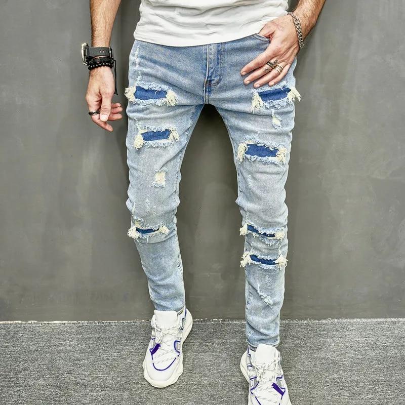 Männer Löcher Casual Skinny Jeans Hosen Streetwear Männlich Stilvolle Ripped Solid Hip Hop Slim Denim Hose 32 blau von Joom DACH