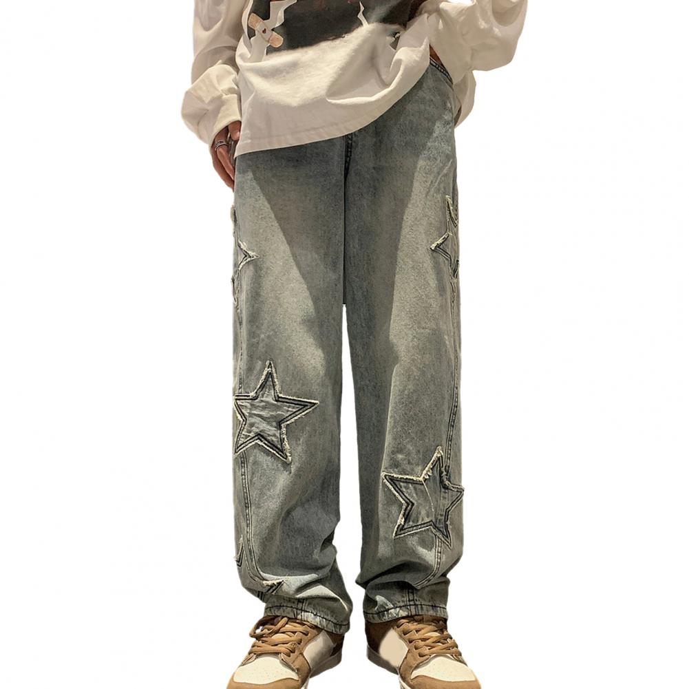 Männer Mid-Rise Zipper Fly Jeans Oversize Star Ästhetische Muster Hosen Gerade Breite Bein Denim Hosen Lose Fit High Street Jeans XXL hellblaue von Joom DACH