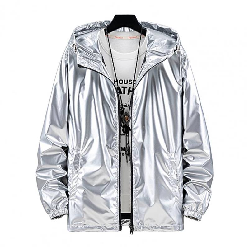 Männer Mit Kapuze Jacke Zipper Solide Mode Helle Schwarz Silber Farbe Hoodies Wasserdicht Frühling Herbst Elastische Manschette Mantel Streetwear 6XL licht grau von Joom DACH