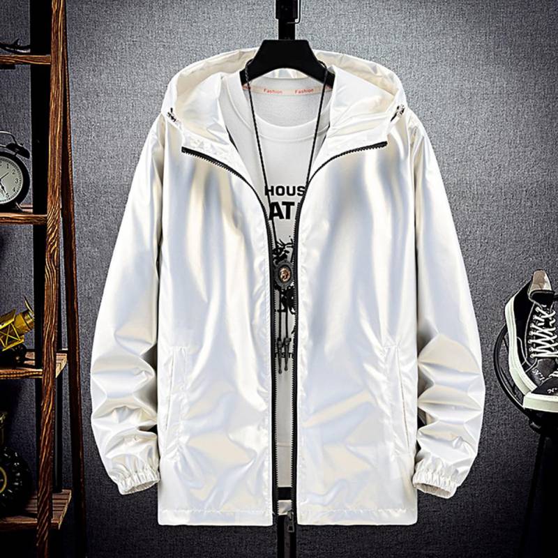 Männer Mit Kapuze Jacke Zipper Solide Mode Helle Schwarz Silber Farbe Hoodies Wasserdicht Frühling Herbst Elastische Manschette Mantel Streetwear 6XL weiß von Joom DACH