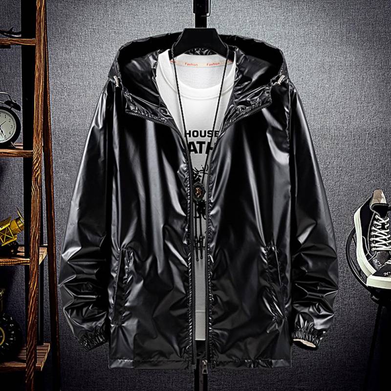 Männer Mit Kapuze Jacke Zipper Solide Mode Helle Schwarz Silber Farbe Hoodies Wasserdicht Frühling Herbst Elastische Manschette Mantel Streetwear XXXL schwarz von Joom DACH