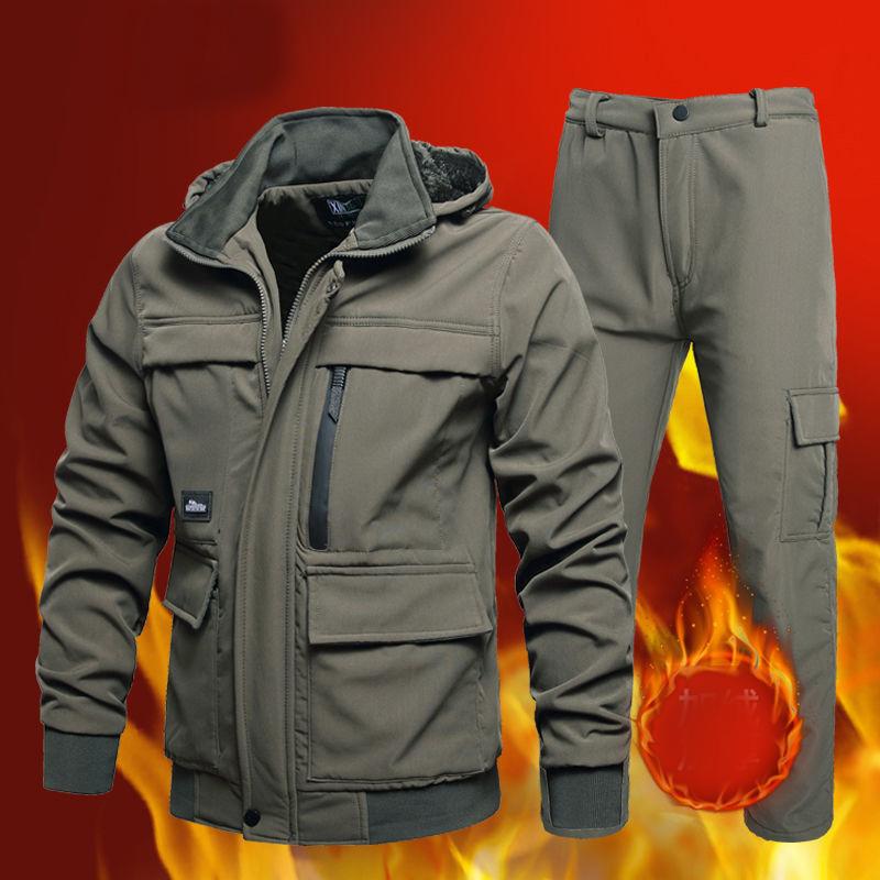 Männer Outdoor Soft Shell Jacke und Hose Plus Samt Dicke Warme Baumwolle Jacken Sport Anzug Wander Anzug Angeln Anzug 195 grün von Joom DACH
