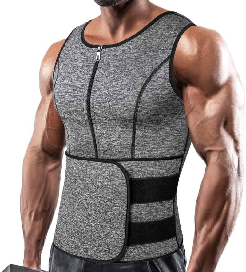 Männer Sauna Sweat Zipper Weste Neopren Korsett Taille Trainer Weste Body Shaper Workout Tank Tops Kompression Shirt XXXL grau von Joom DACH