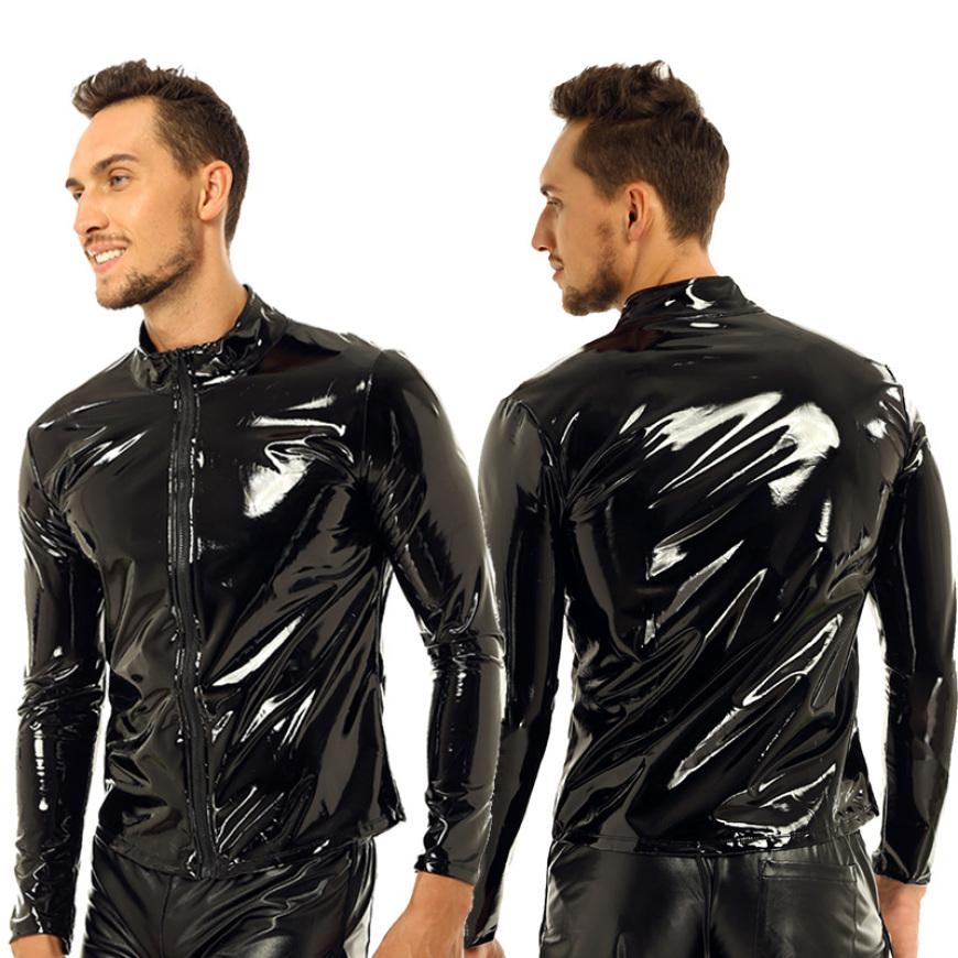 Männer Shiny Metallic Langarm Front-Reißverschluss Stehkragen Tops Wet Look Patent Leder Nachtclub Stil T-shirt Top Mantel XXL schwarz von Joom DACH