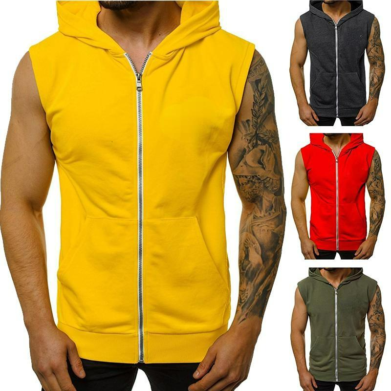 Männer Sport Mode Weste Neue Frühjahr Fitness Ärmellose Sport Weste Männer Mit Kapuze Zipper Weste Oberbekleidung 2XL grau von Joom DACH