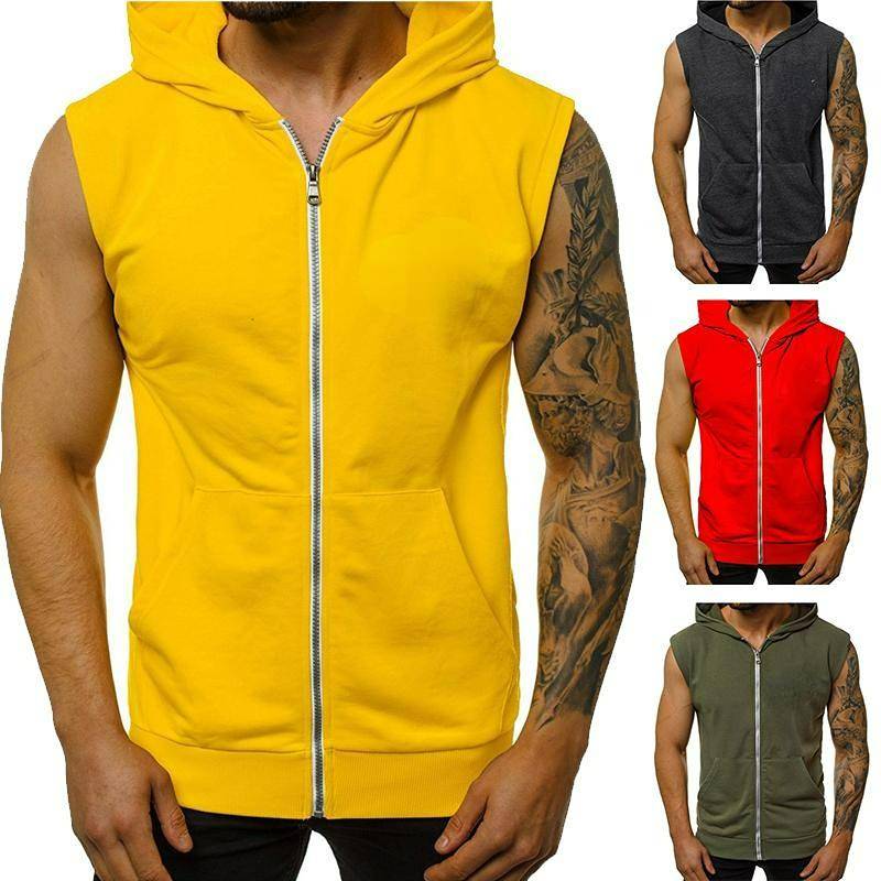 Männer Sport Mode Weste Neue Frühjahr Fitness Ärmellose Sport Weste Männer Mit Kapuze Zipper Weste Oberbekleidung XL grau von Joom DACH