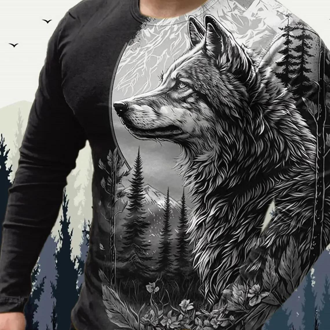 Männer T Shirts Vintage Tier Wolf Langarm Tops Herbst Sweatshirt Grafik Casual Hip Hop Mode Kleidung Oansatz T-shirts 5XL von Joom DACH