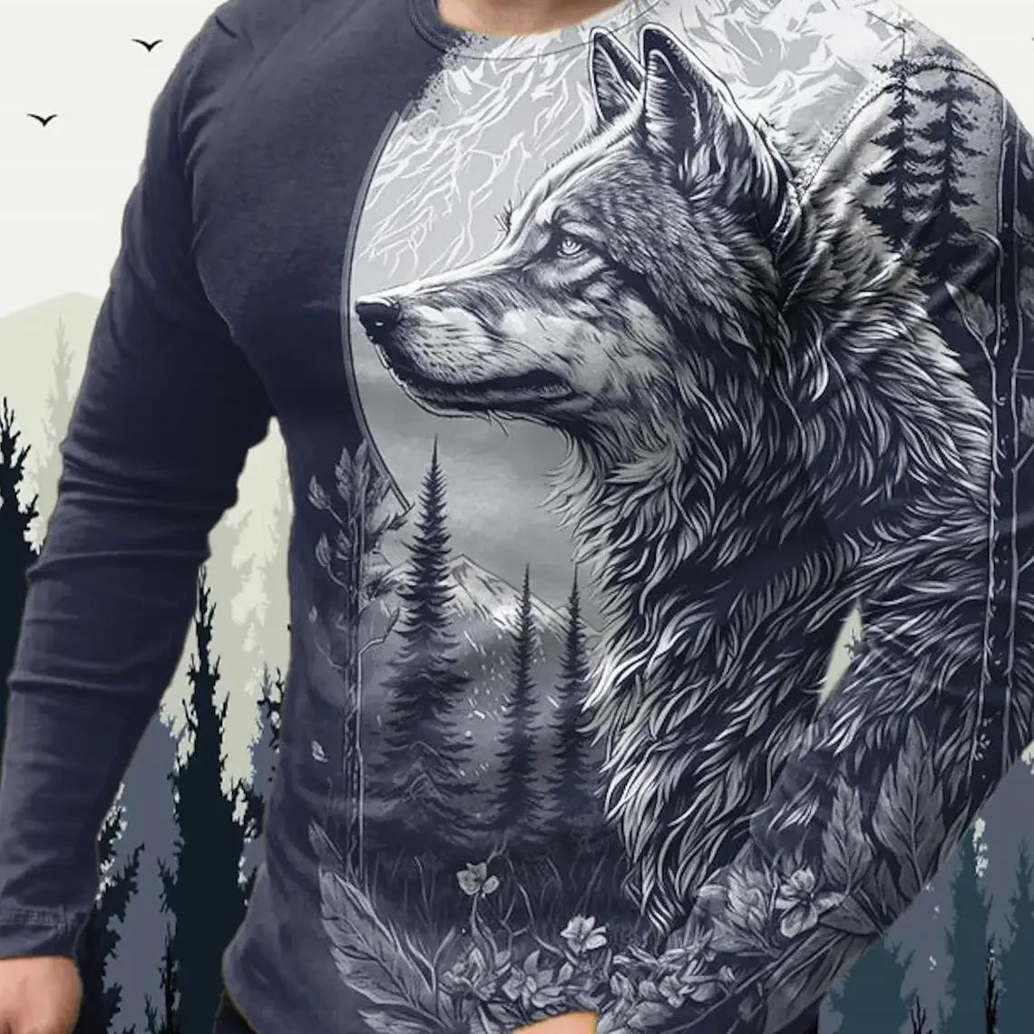 Männer T Shirts Vintage Tier Wolf Langarm Tops Herbst Sweatshirt Grafik Casual Hip Hop Mode Kleidung Oansatz T-shirts XL von Joom DACH