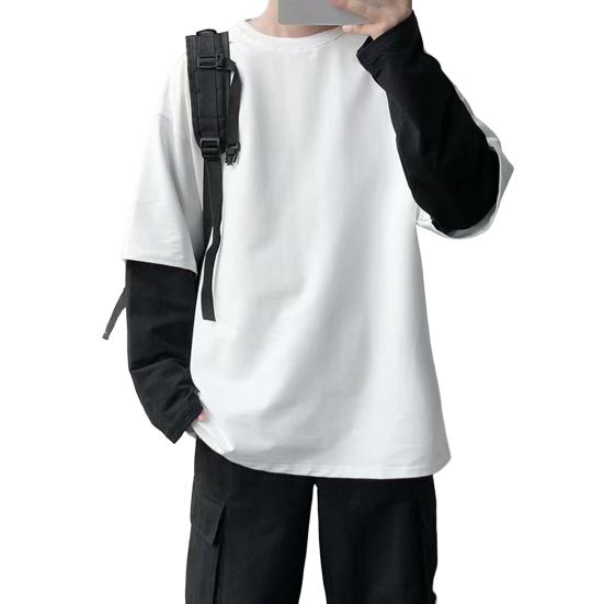 Männer T-shirt Gefälschte Zwei Stück Rundhals Langarm Kontrast Farbe Pullover Frühling Lose Patchwork Bodenbildung Shirt Streetwear 3XL weiß von Joom DACH