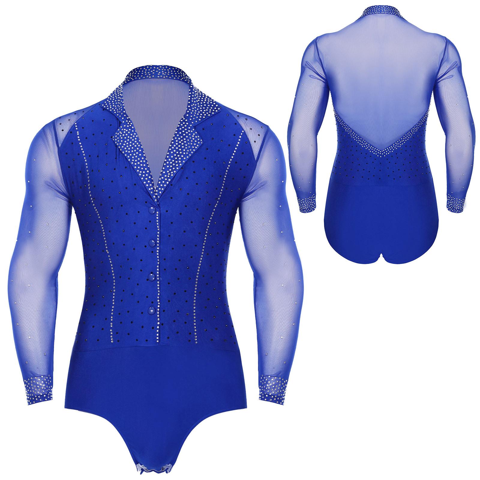 Männer Tiefe V Latein Tango Cha-Cha Gesellschaftstanz Trikot Patchwork Langarm Funkelnden Strass Dekor Professionelle M blau von Joom DACH