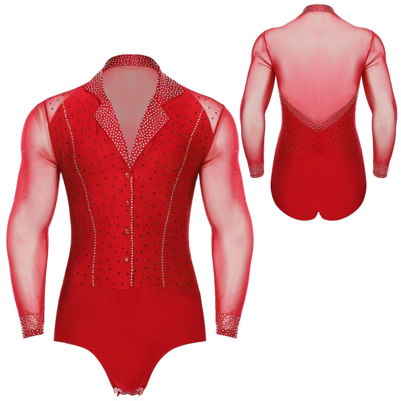 Männer Tiefe V Latein Tango Cha-Cha Gesellschaftstanz Trikot Patchwork Langarm Funkelnden Strass Dekor Professionelle M rot von Joom DACH