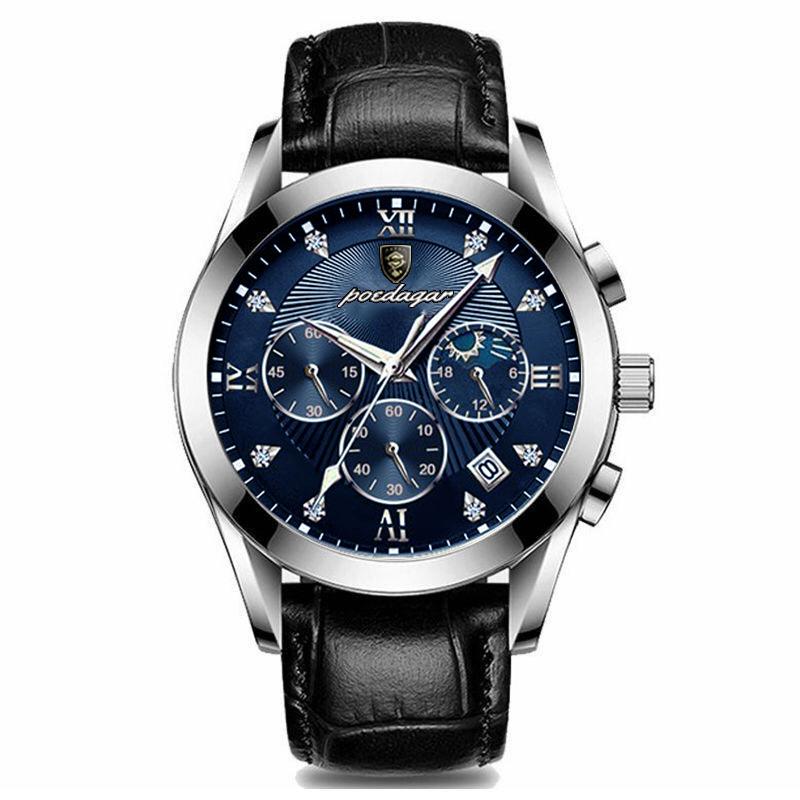 Männer Uhr Neue Top Marke Luxus Wasserdicht Leucht Sport Armbanduhr Edelstahl Quarz Militär Echtes Leder Männliche Uhr schwarz/blau von Joom DACH