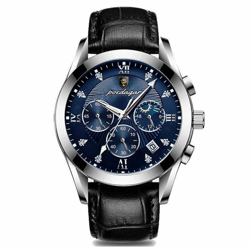 Männer Uhr Neue Top Marke Luxus Wasserdicht Leucht Sport Armbanduhr Edelstahl Quarz Militär Echtes Leder Männliche Uhr schwarz/blau von Joom DACH