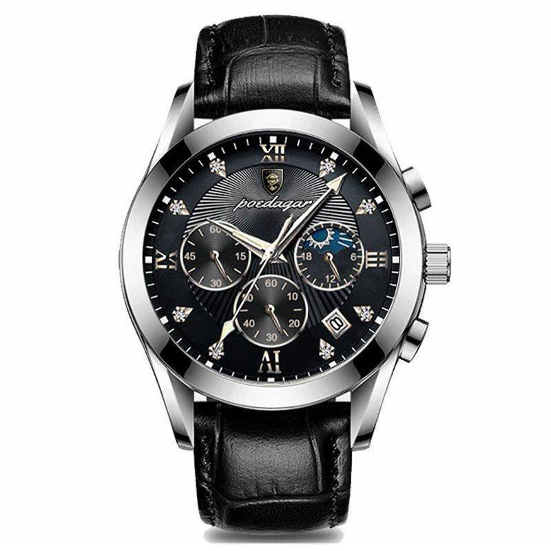 Männer Uhr Neue Top Marke Luxus Wasserdicht Leucht Sport Armbanduhr Edelstahl Quarz Militär Echtes Leder Männliche Uhr schwarz/silber von Joom DACH