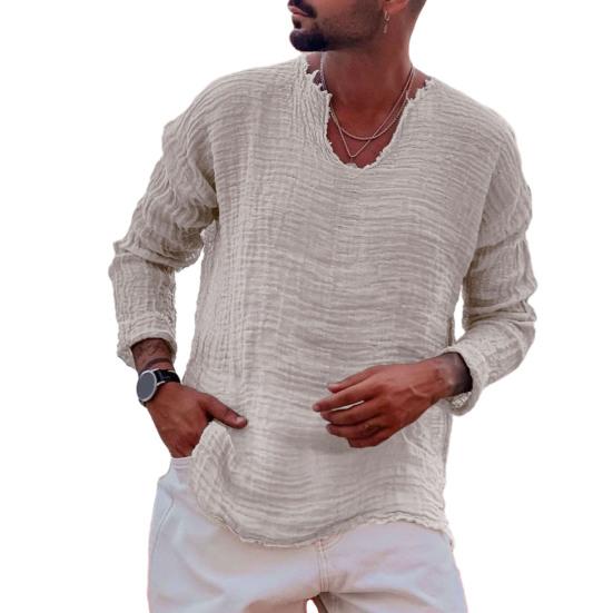 Männer V-ausschnitt Langarm Casual Shirt Tops Grat Rand Gefaltetes Festes Farbe Lose Fit Dünne Pullover Tops Streetwear 2XL weiß/grau von Joom DACH