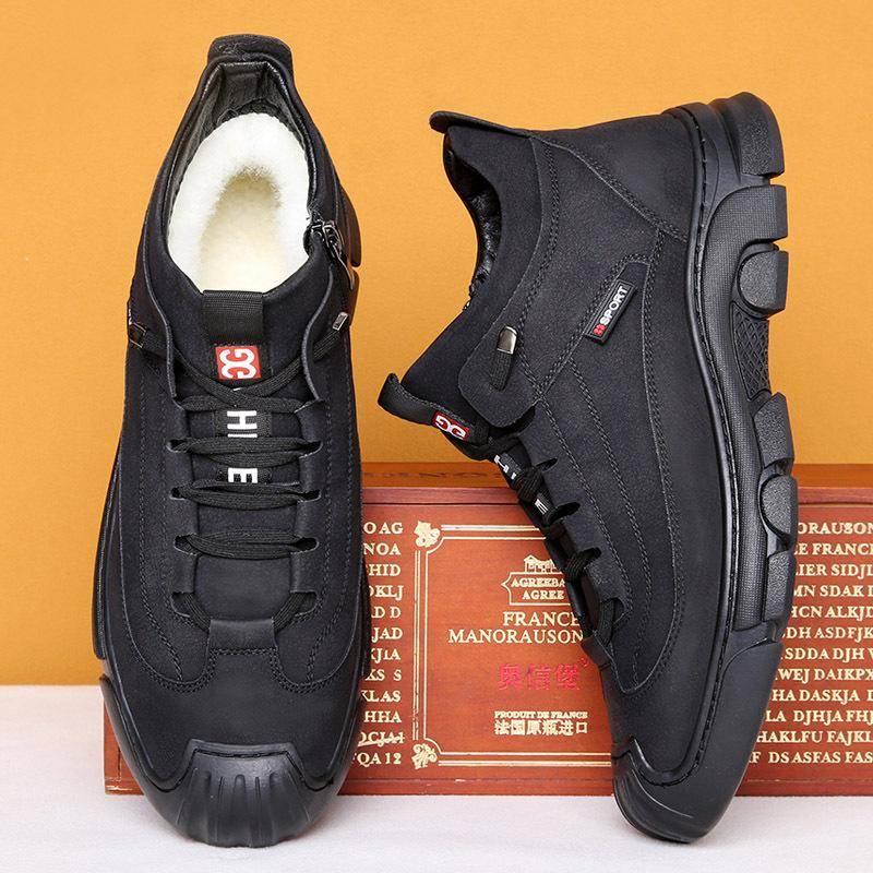 Männer Winter Neue Business Casual Warme Leder Schuhe Pelz Gefüttert Outdoor Schnee Stiefel für Männer High Top Anti Slip Fleece Gefüttert Wandern Turnschuhe 43 schwarz von Joom DACH