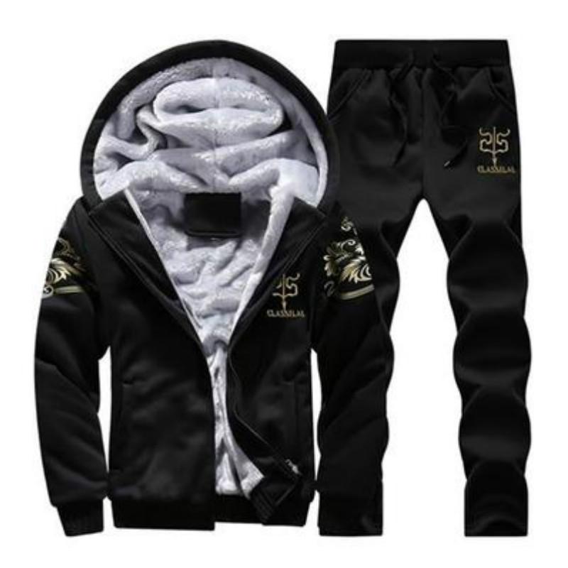 Männer Winter Outfits Fleece Mantel + Jogginghose Warme Kapuzenjacke Mode Sport Trainingsanzug XXL schwarz von Joom DACH